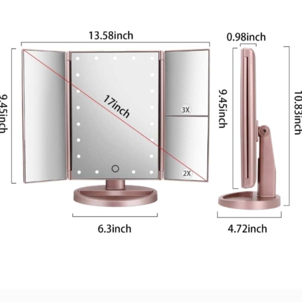Deweisn Tri-Fold Vanity Mirror with LED Lights - Rose Gold